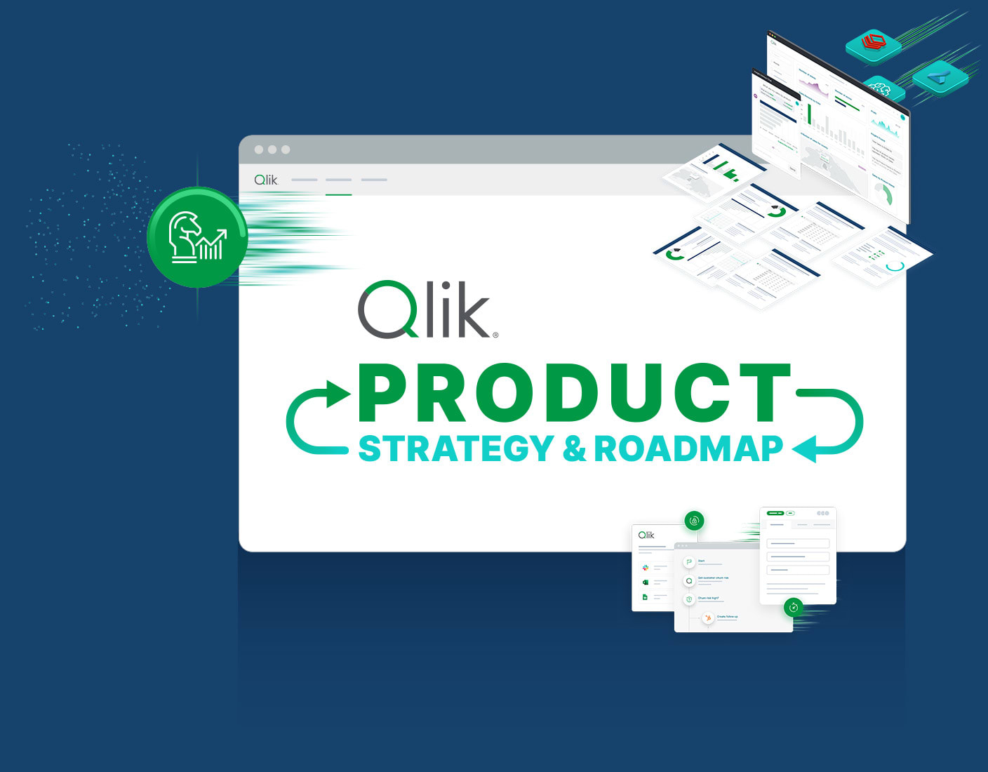 A promotional graphic with a dark blue-green background. A large white browser window displays "Qlik Product Strategy & Roadmap" with a circular arrow icon.