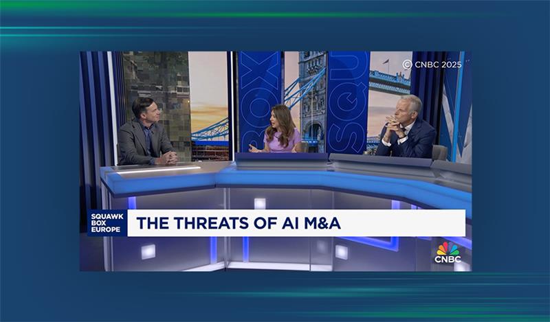 A screen capture of Mike Capone featured on CNBC's "Squawk Box Europe" show discussing AI.