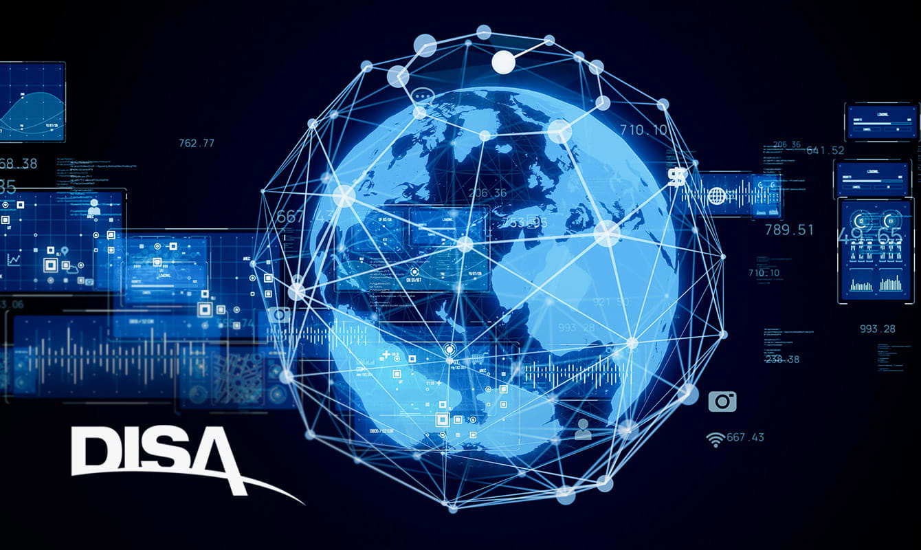 Digital illustration of a globe with interconnected lines and technology icons, representing global communication and data exchange. The text "DISA" is displayed on the bottom left.