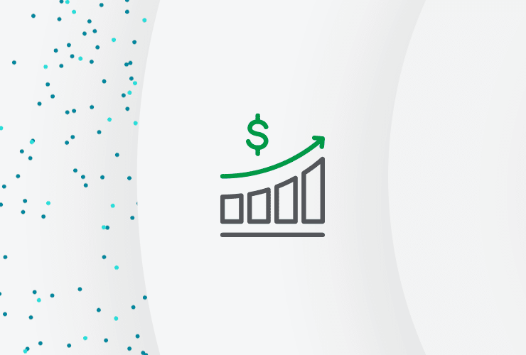 An icon depicting a bar chart with four rising gray bars and a green upward-curving arrow topped with a dollar sign.