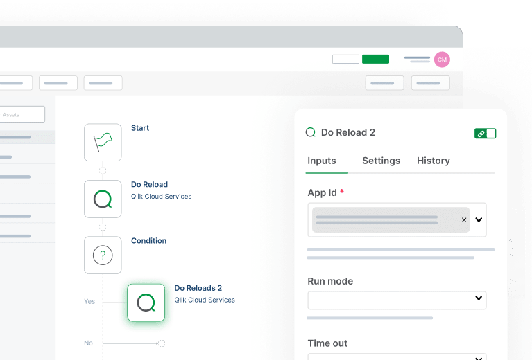Automation workflow showing Qlik reload steps with a panel displaying input settings for a reload task.