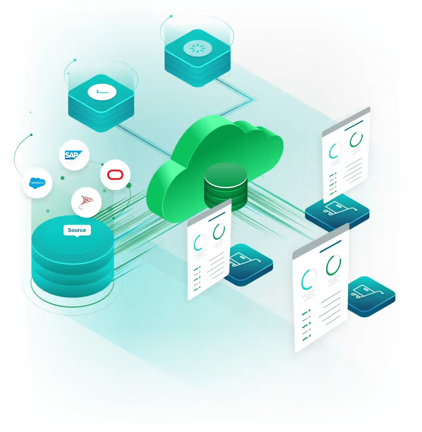 Image of a cloud computing concept showing data flow from various sources to cloud storage, with icons representing different software and document processing applications.