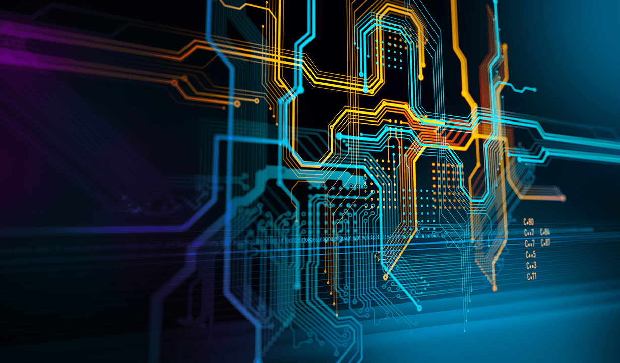 Abstract electronic circuit board background featuring intricate patterns and connections in a modern design.