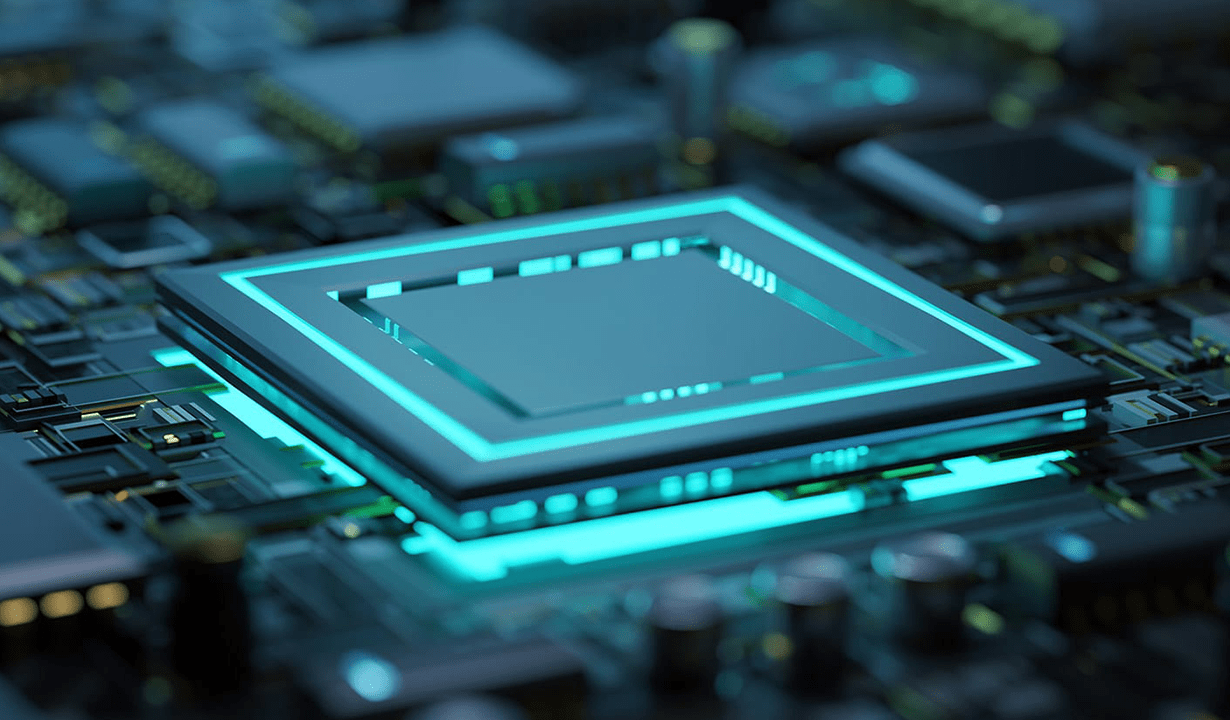 The image features a computer chip positioned centrally, highlighting its detailed circuitry and compact structure.