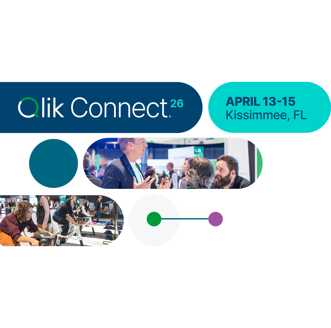 Veranstaltungslogo von Qlik Connect Live auf einem kreisförmigem Design in Blau und Grün.