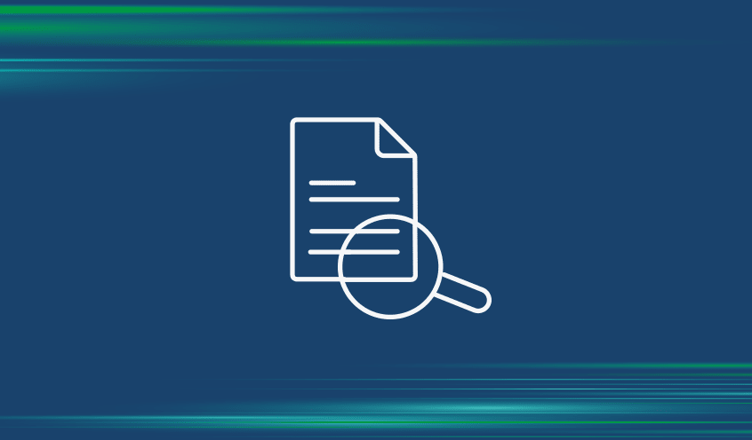 Outline of a document and magnifying glass icon on a dark blue background with green contrail streaks.