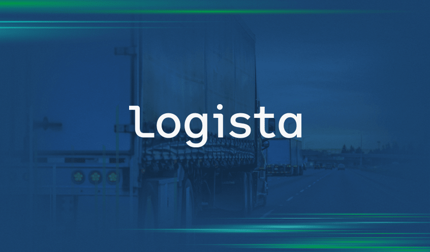 A transportation or logistics-themed image with large trucks on the road in the background and the word "Logista" prominently displayed in the center.