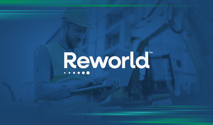 A man wearing a construction helmet and safety vest works on a laptop in an outdoor setting. The Reworld logo is prominently displayed on the image.