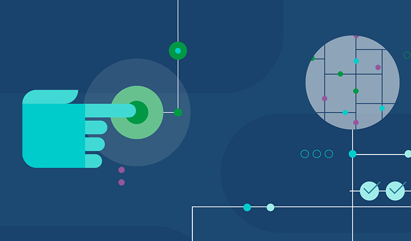 Illustration of a hand pressing a connected node within a network diagram, with lines and dots representing data connections and automated decision flows.
