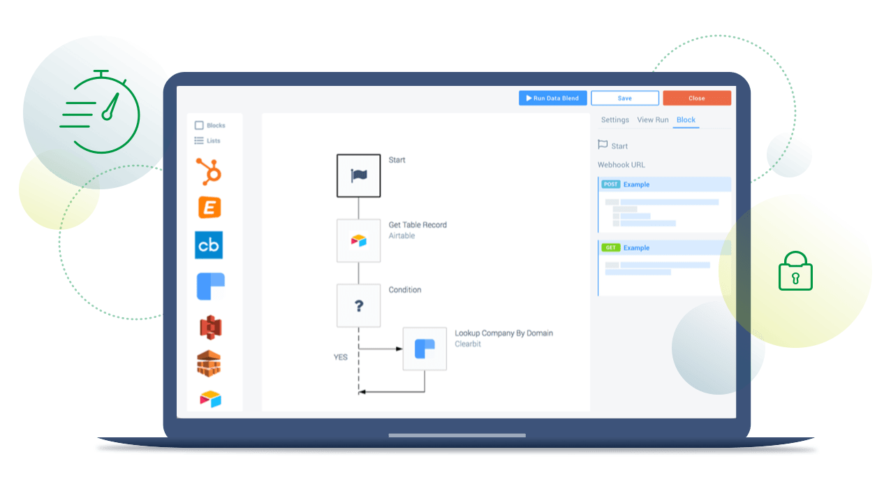 A laptop screen displaying a workflow diagram and various software integration icons, set against a colorful background.
