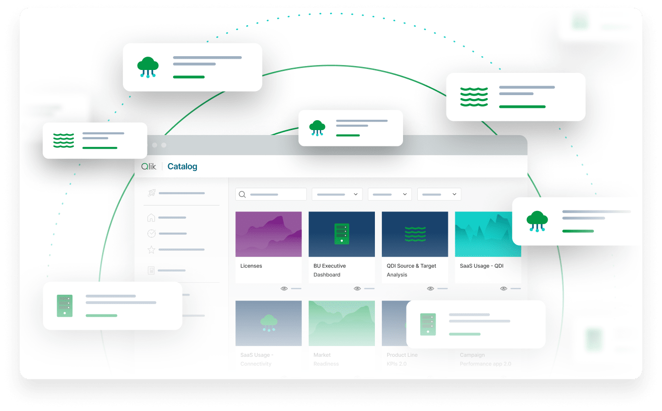 Analytics catalog interface with data assets and floating cards showing metadata details.