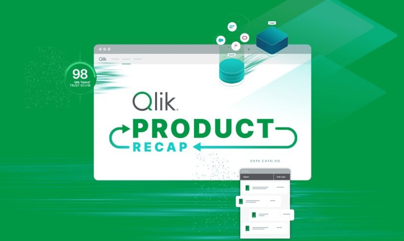 A promotional graphic with a green background and glow effects, centered on a laptop screen displaying the text "Qlik Product Recap" with an arrow.