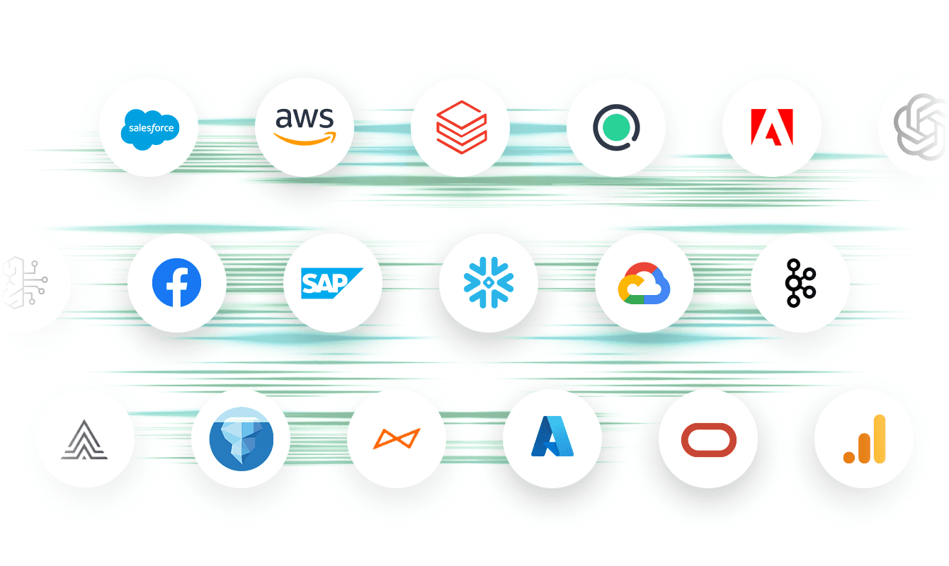 A grid of 15 circular icons representing various company logos, including Salesforce, AWS, Adobe, Facebook, SAP, and Google Cloud, is set against a white background with light green streaks.